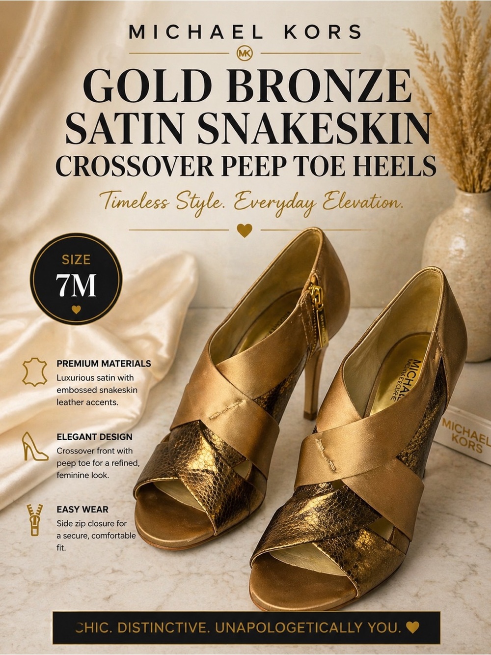 Michael Kors Gold Bronze Satin Snakeskin Crossover Peep Toe Heels Size 7M